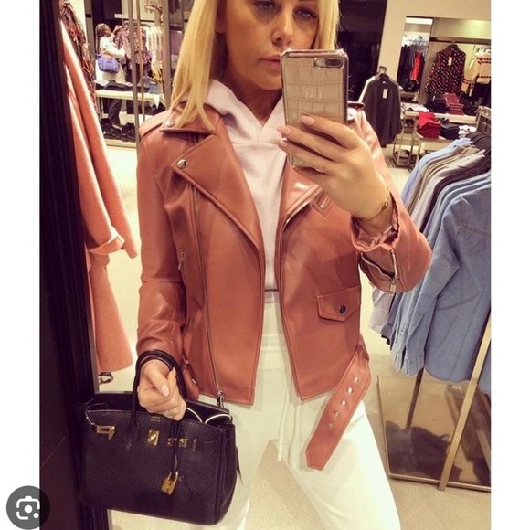 Zara bloggers favourite Women Faux Leather Biker Jacket Light Camel Size L - Picture 5 of 15